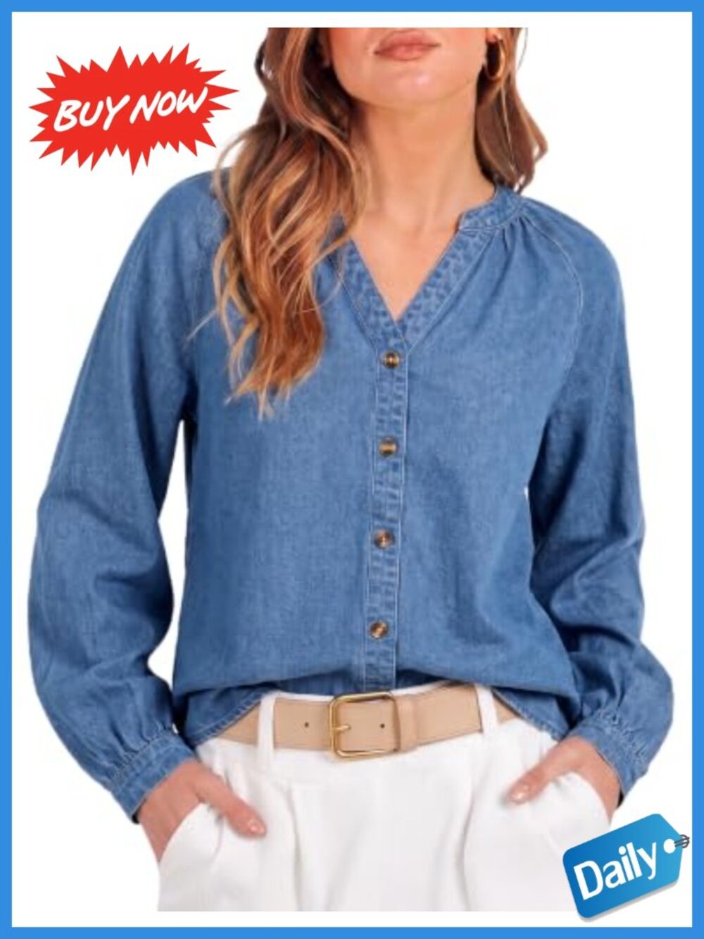 Womens Denim Button Down Shirt Puff Long Sleeve Western Blouse